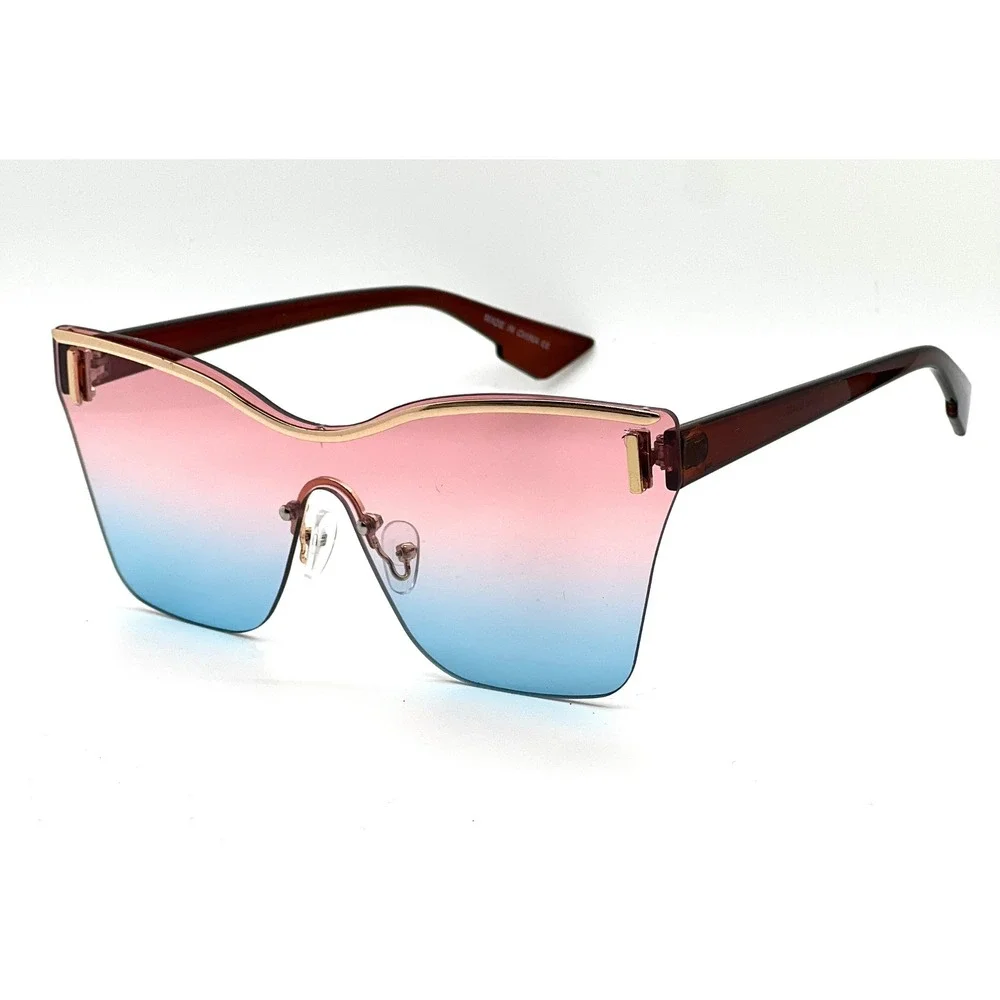 Oversized Shield Sunglasses Pink Blue Gradient Lens Rimless Gold Trim Butterfly